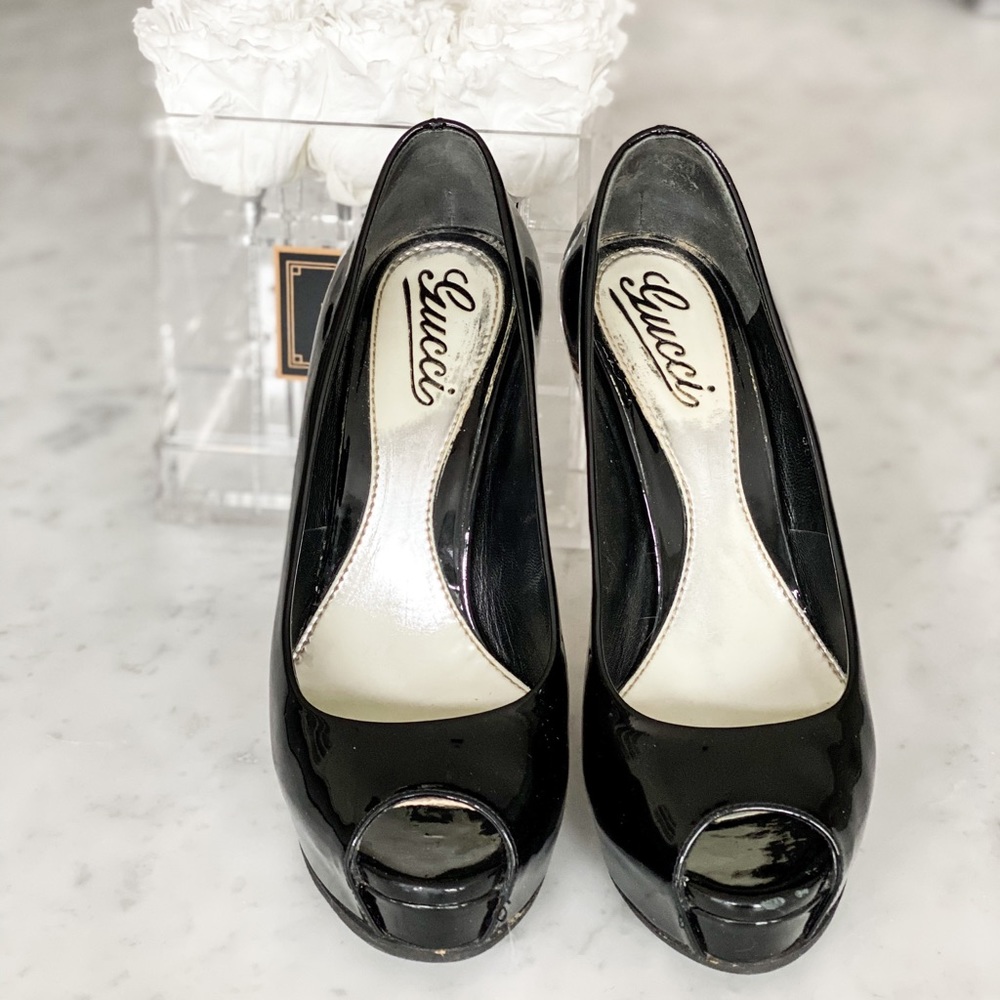 Gucci Black Patent Leather Peep Toe Pumps